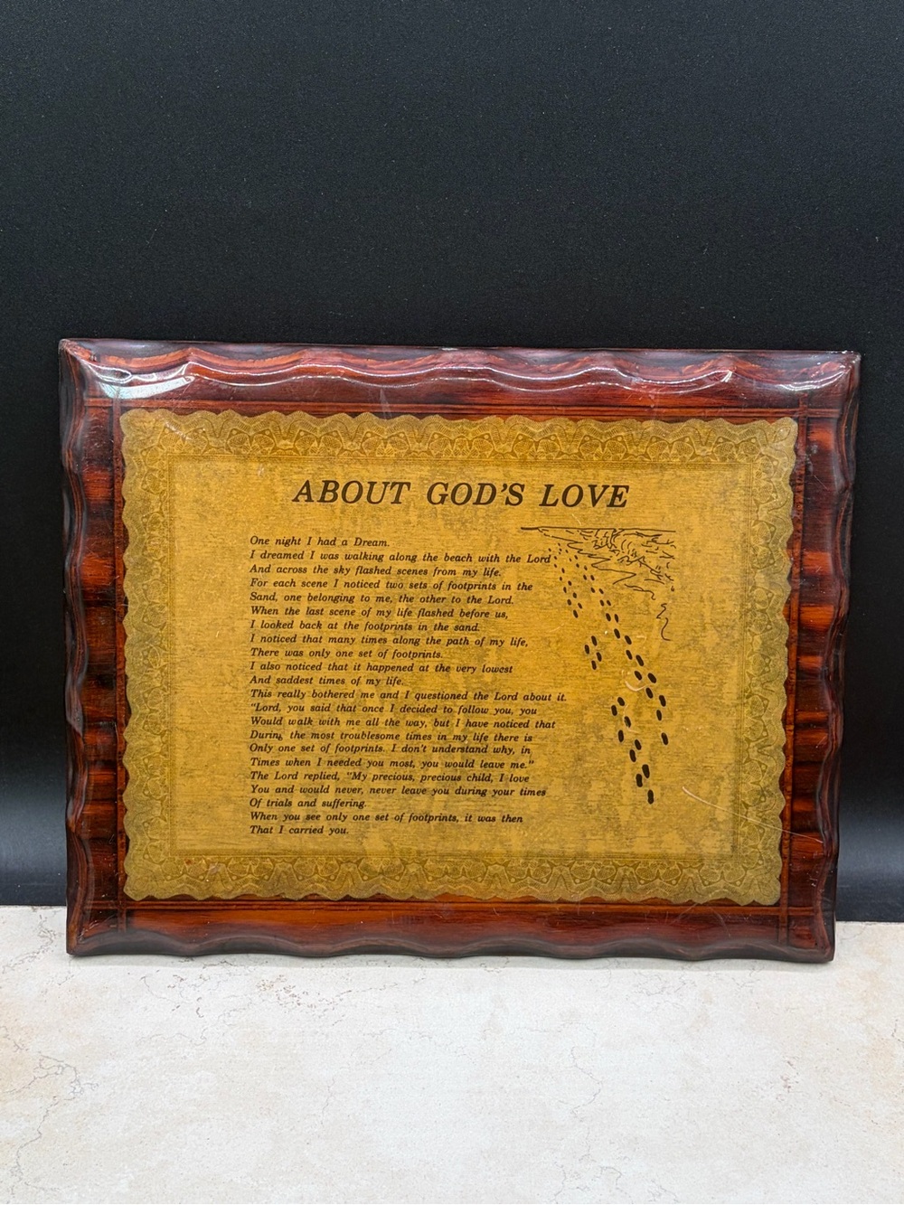 70s "About God's Love" Footprints In The Sand On Laquered Wood Wall Hanging